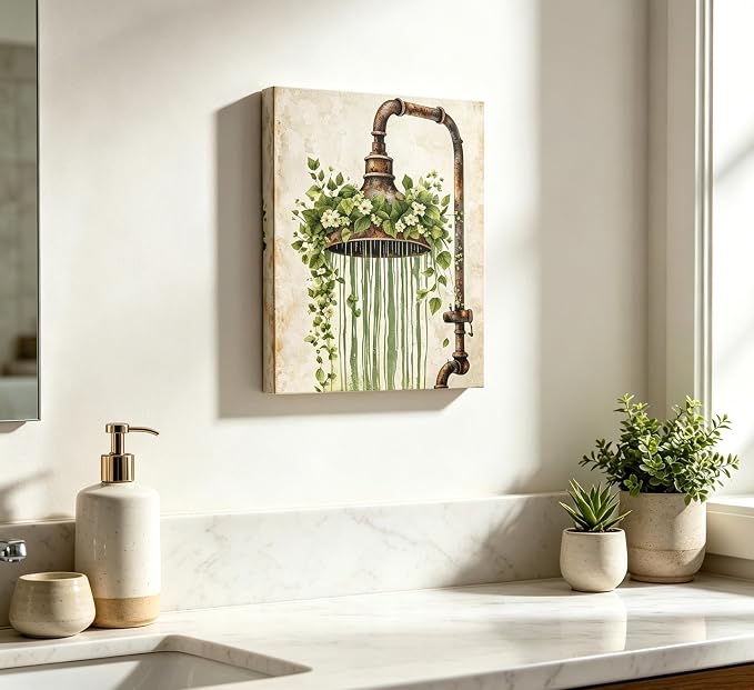 XcwDt is Vintage Rust Spray Head Canvas Wall Art,Shower Head Green Painting Print,Farmhouse Bathroom Botanical Nature Wall Decor,for Toilet Living Room Farmhouse Laundry Room 16 x 24 In