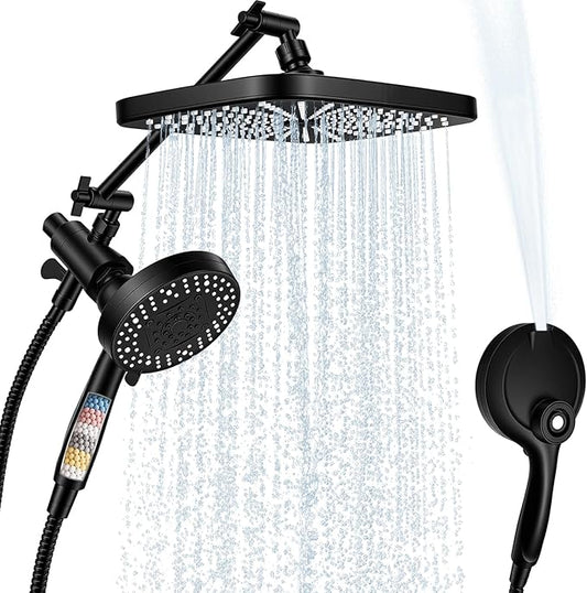 Black Shower Head with Handheld, Adjustable Rain Shower Head with Spray Combo, One-piece High Pressure Filtered Shower Head with Handheld, Built-in Magnetic Docking and Power Jets