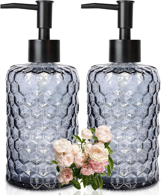 Clear Charcoal Blue Glass Soap Dispenser with Pump, 16oz Honeycombed Design Hand Soap Dispenser, Refillable Lotion & Dish for Dishwashing Liquid, Lotion