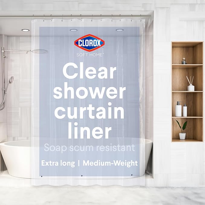 Clorox Shower Curtain Liner, Premium Medium-Weight Durable Waterproof 6g PEVA for Bathroom with Weighted Magnets, Extra Long 72" x 84", Clear 1 Pack