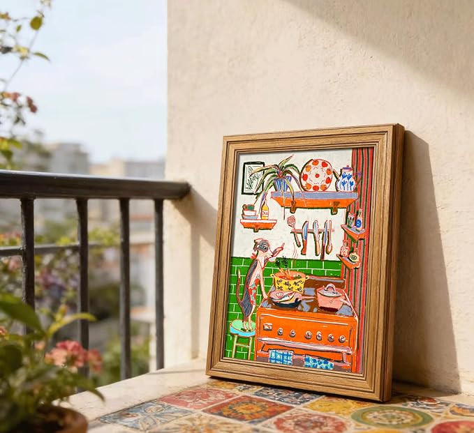Vintage Gold Framed Animal Kitchen Wall Art Funny Dog Cooking Food Picture Wall Decor Colorful Chef Poster Rustic Farmhouse Kitchen Painting Canvas Print Artwork for Dining Room Restaurant Kids Room