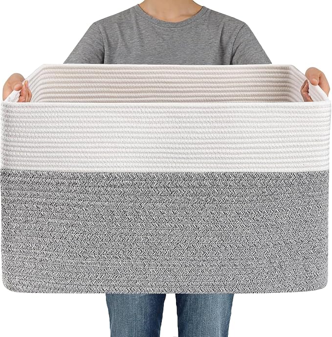 JMvicyroam 65L Large Woven Cotton Rope Blanket Basket, White&Grey | Blanket storage for living room or bedroom use, Freestanding with reinforced handles, Entire basket is machine washable