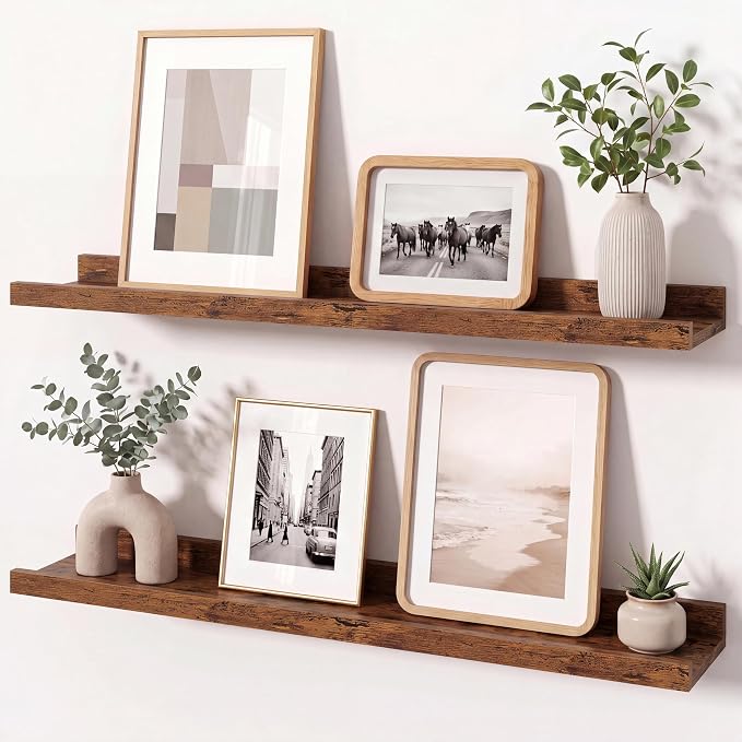 Brown Picture Ledge Shelves for Wall, 4.5" Deep Wood Floating Shelves with Lip for Bedroom, Living Room, 24" Width, Color Brown Set of 2