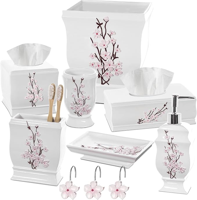 Vanda Cherry Blossom 4 Piece Resin Bathroom Accessories Set | Includes Soap Dispenser, Toothbrush Holder, Tumbler Cup & Soap Dish