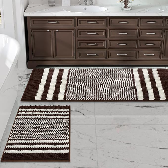 Coffee Bathroom Rugs Set 2 Piece, Extra Soft Absorbent Fluffy Striped Chenille Bathroom Floor Mat, Non Slip Quick Dry Washable Bath Rugs for Shower, 20" x 47" Plus 16" x 24"