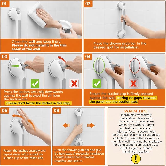 Shower Handle 2 Pack, 17 Inch Grab Bars for Bathtubs and Showers, Strong Suction Cup Safety Handrails for Seniors, Elderly, Injury Recovery, No Drilling Waterproof Bathroom Grip, Grey