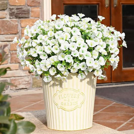 24 Bundles Artificial Flowers for Outdoors Faux Plants Outdoor, UV Resistant Artificial Plants, Silk Petunias Fake Flowers for Outside Home Decor Planter Porch Decoration, White