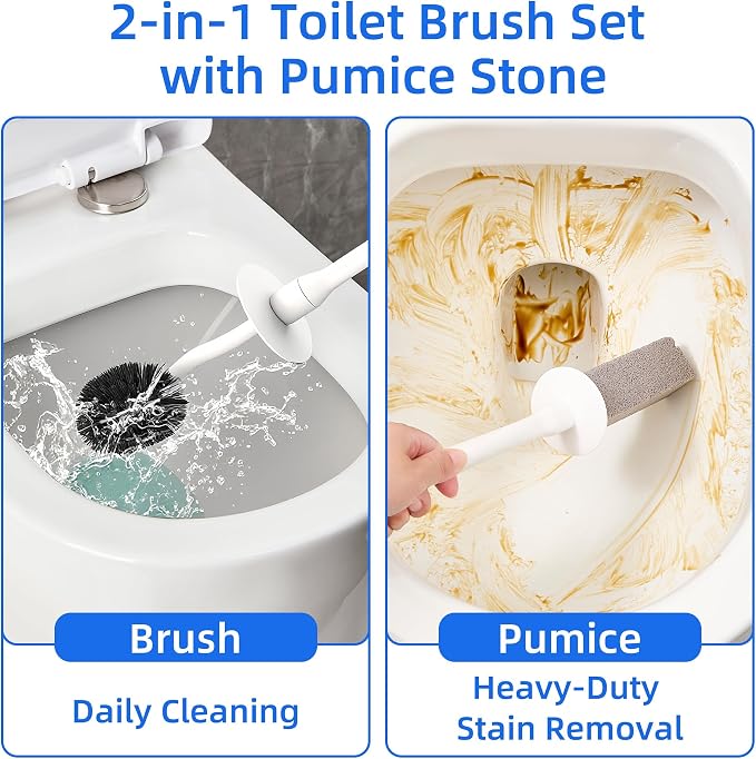 Toilet Brush and Holder Set with Pumice Stone Toilet Bowl Cleaner | Long-handle Scrubber with Ventilated Holder and Pumice Stone for Hard Water Stains, Limescale and Toilet Rings