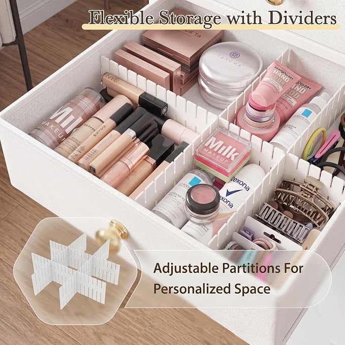 Makeup Organizer Cart with Drawers & 8 Dividers, Rolling Beauty Cart with Hooks for Cosmetics & Skincare, Space Saving Vanity Storage for Bathroom, Bedroom & Small Spaces (White)