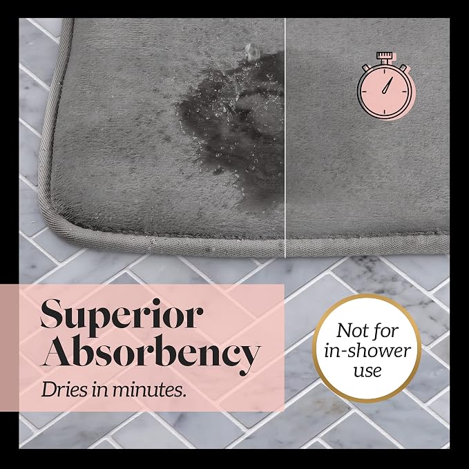 Memory Foam Bath Mat Non Slip Absorbent Super Cozy Velvet Bathroom Rug Carpet (22 inches X 36 inches, Grey)
