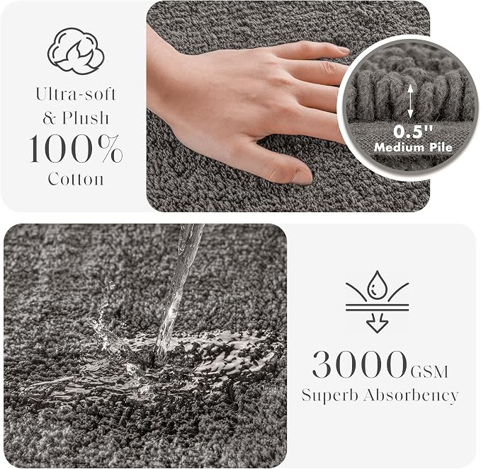 Madison Park Splendor Reversible 100% Cotton Bath Runner 24 x 60 Charcoal | Tufted Bathroom Rug, 3000 GSM, Hotel Quality, Luxurious Plush, Medium Pile, Absorbent, Quick Dry, OEKO-TEX, Shower Room Décor