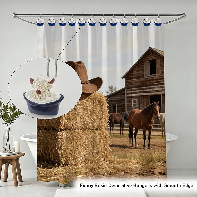 12 Pcs Funny Theme Highland Cow Shower Curtain Hooks for Bathroom Decor | Western Rustic Farmhouse Ring Hangers Bathtub Rust Resistant Highland Cow Decor for Vintage Cowboy Resin Stainless Steel Hook