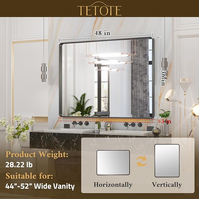 48 x 36 Inch Silver Mirrors for Bathroom, Brushed Silver Framed Rectangular Modern Farmhouse Large Vanity Mirror for Wall Decor (Horizontal/Vertical)