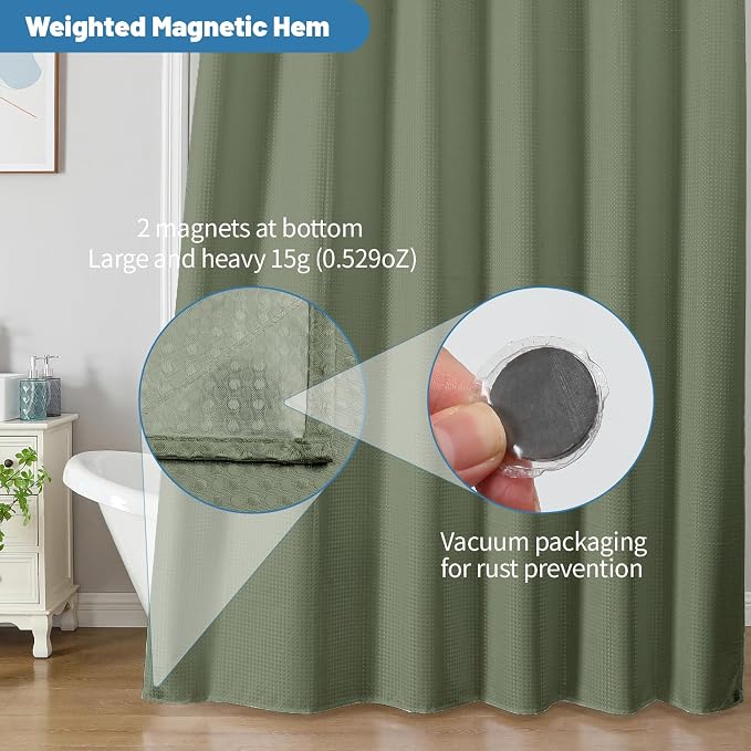 2-in-1 Waterproof Fabric Shower Curtain - No Separate Liner Needed, Hotel-Style Waffle Weave, Effortless Cleaning & Washable Bathroom Shower Curtain Set,72Wx84H,SageGreen