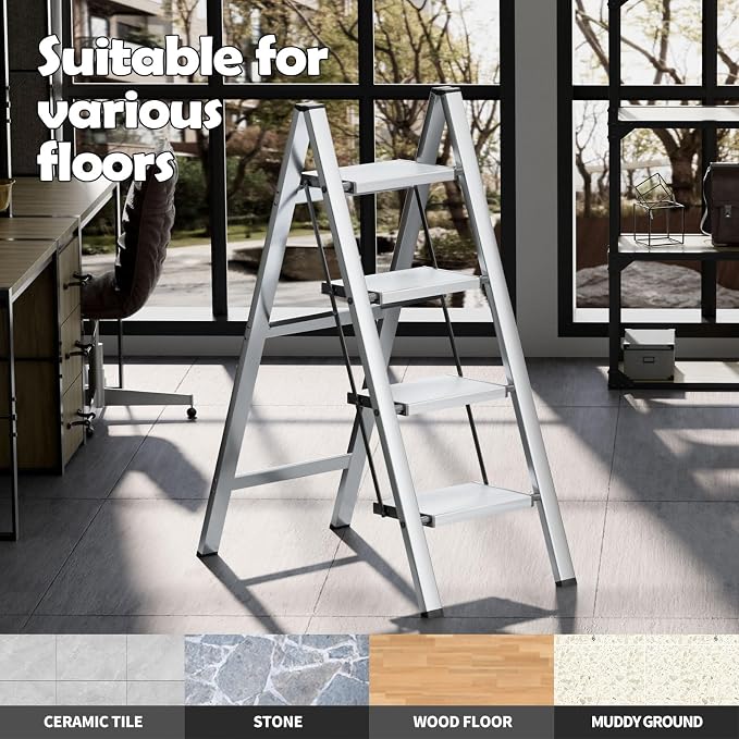 Taranta 4 Step Stool Foldable,Aluminum Step Ladder-Sliver | Lightweight,Wide Anti-Slip Pedals,Folding Step Stool,330lbs Capacity Stepladder for Household,Kitchen,Office