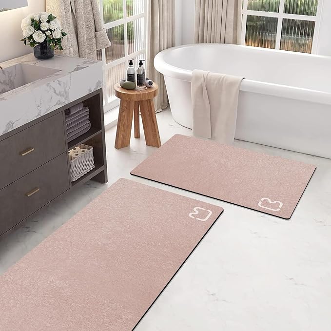 Bathroom Rugs and Mats Set 2 Piece Diatomaceous Earth Bath Mat,Blush Pink | Non Slip Rubber Backed Quick Dry Bathroom Rugs Super Absorbent Low Pile Diatomite Stone Bathroom Mat Fit Under Door Floors