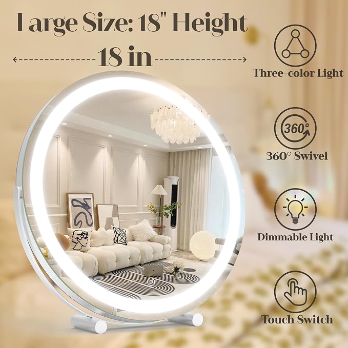 ROLOVE 18 Inch Makeup Mirror with Lights, Large Round Vanity Mirror for Tabletop Desk, Smart Touch Dimmable LED, 360° Rotation, White, Gifts for Women, Wife, Mom, Girls