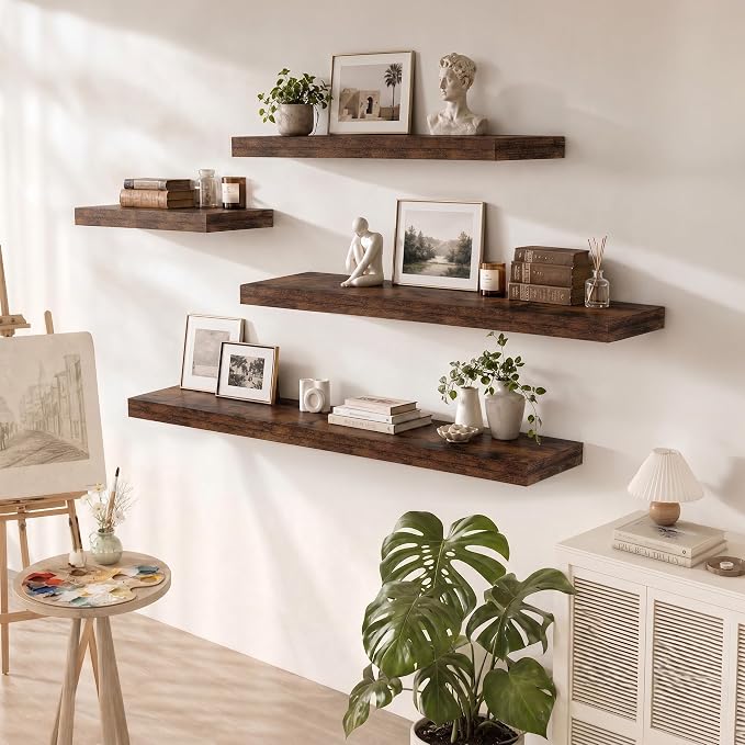 12 Inch Deep Floating Shelves for Wall, 36 Inch Wide Wall Shelves Set of 2, 2 Inch Thick Heavy Duty Invisible Wall Mounted Shelves for Kitchen Living Room,Rustic Brown