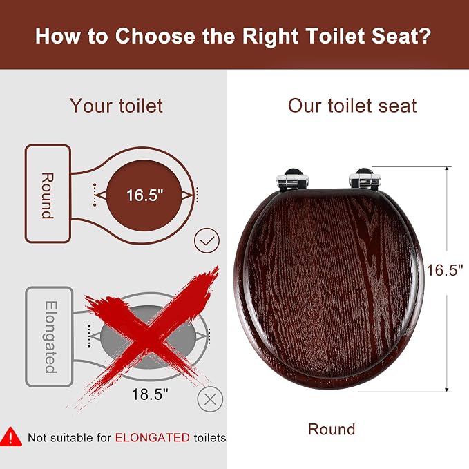 Angel Shield Toilet Seat Round Wood Slow Close(Dark Walnut) | Quick Release Metal Hinges, Adjustable Fit for Standard Round Toilets, Easy to Install&Clean