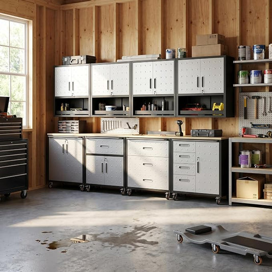 Garage Storage Cabinet System,Wall Cabinet & Locking Rolling Tool Cabinet with Doors and Adjustable Shelves