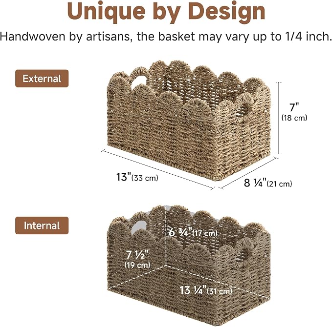 StorageWorks Wicker Storage Baskets for Shelves, Woven Basket for Nursery | Scalloped Wicker Basket for Living Room, Decorative Scalloped Baskets for Storage, Wicker Baskets for Organizing and Decor