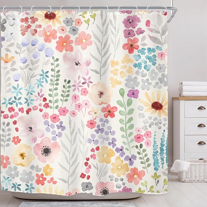 Pink Floral Flower Cute Summer Kids Girls Bathroom Shower Curtain Set | 72"W x 72"H Girly Wildflower Spring; water-repellent HD print, quick-dry fabric with 12 hooks for easy hanging.