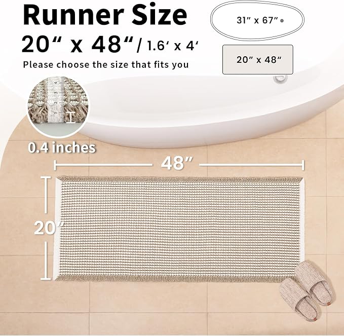 Waffle Bath Mat, Boho Bathroom Rugs Non Slip Washable, 20" x 48" | Super Absorbent Quick Dry Bath Mat, Boho Bathroom Mats, Soft Waffle Weave Farmhouse Bathroom Decor, Khaki and White