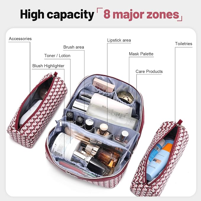 BOYATU Travel Makeup Bag Cosmetic Bags for Women: 3 Pcs Set Make up Bag | Large Capacity Waterproof Vegan Leather Organizer Bags with Compartments - Lay flat Toiletry with Handle (M-78Red)