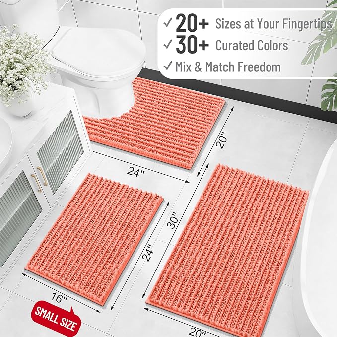 OLANLY Bathroom Runner Rugs 59x24, Thick Soft Absorbent Chenille Bath Rugs | Coral, Quick-Drying Rubber Backing, Long Shaggy Bath Mat, Machine Washable for Floor, Tub and Shower, Home Decor Accessories