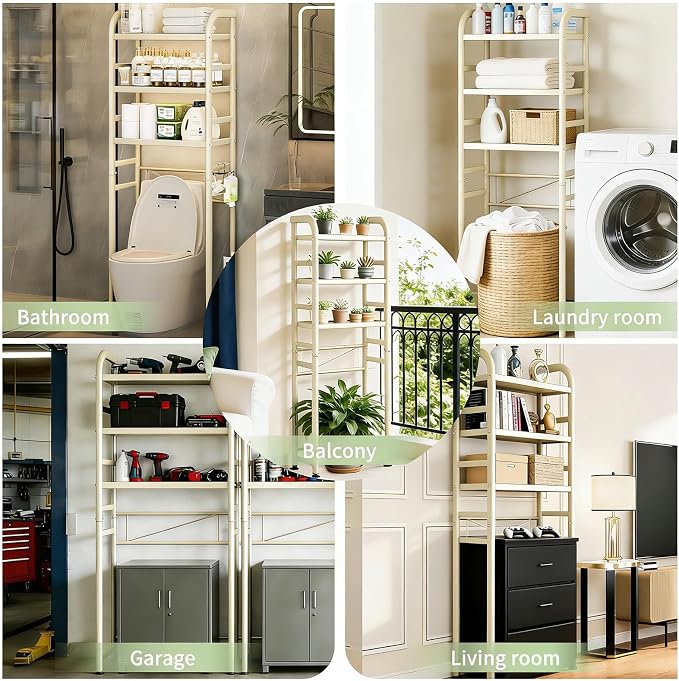 Over The Toilet Storage Rack, Space Saver for Small Bathroom, Cream | 3 Tier Freestanding Shelf Organizer, Heavy Duty Oval Tube, 4 Hooks, Metal, Sturdy Above Toilet Storage,Rustproof,Suction Cup