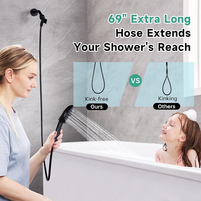 BRIGHT SHOWERS High Pressure Shower Head with Handheld, 9 Spray Settings Showerhead Built in Power Wash to Clean Tub and Pets, Extra Long 69" Hose, Adjustable Bracket, Matte Black