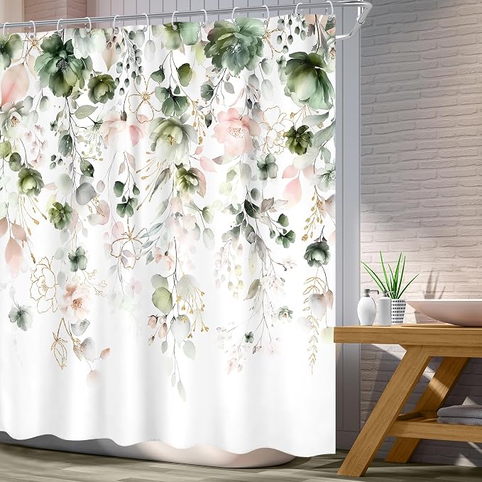 Green Pink Floral Spring Summer Rustic Bathroom Shower Curtain Set | 72"W x 72"L Flower Eucalyptus look, waterproof HD printed shower curtain, quick-dry fabric and free hooks.