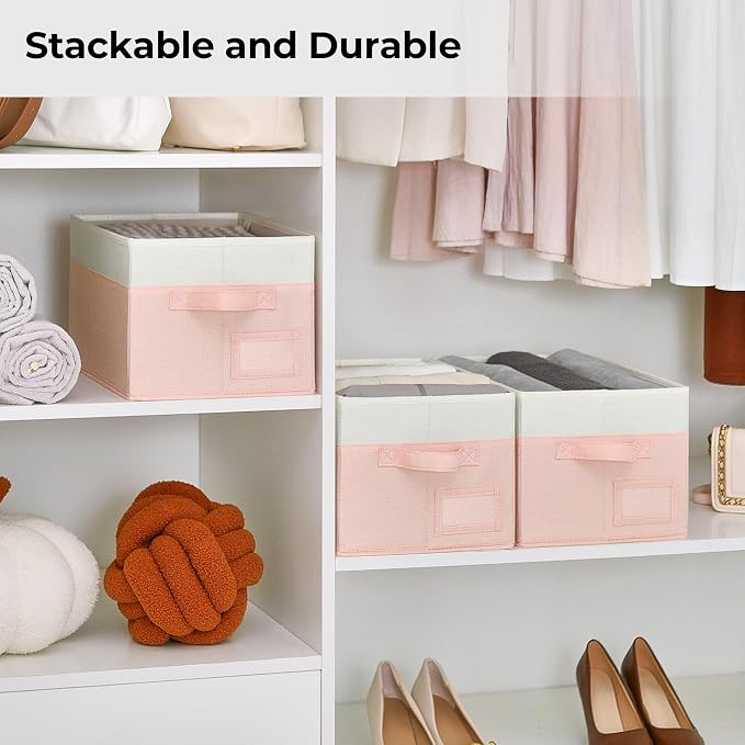 GRANNY SAYS Closet Storage Bins with Label, Pink&Ivory, Medium, 3-Pack | Fabric Storage Bins for Shelves, Closet Storage Boxs, Clothing Storage and Organization, Decorative Storage Bins