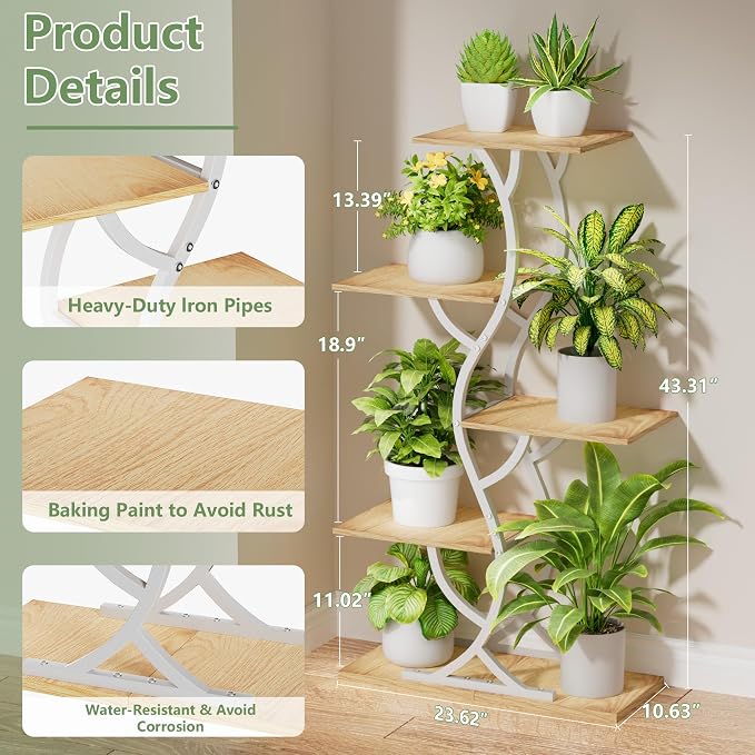 Plant Stand Indoor with Grow Lights - 5 Tiered Corner Plant Shelves (White) | 44" Tall Metal Plant Shelf, S-Shape Lighted Flower Holder Dispaly Rack for Living Room, Home, Patio, Balcony