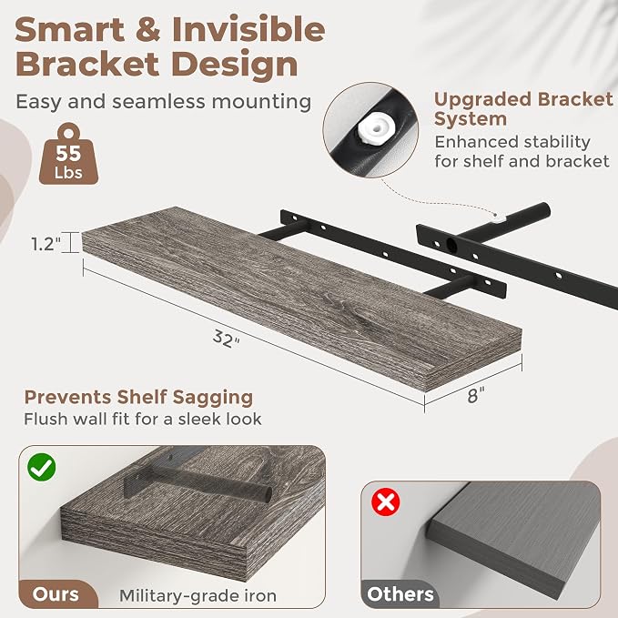 32 Inch Floating Shelves for Wall 2 Pack, 8"D Wood Grain Bathroom Shelves | Invisible Brackets, Grey Oak Finish, Easy Install | Engineered Wood Storage Shelves for Kitchen, Study, Bedroom