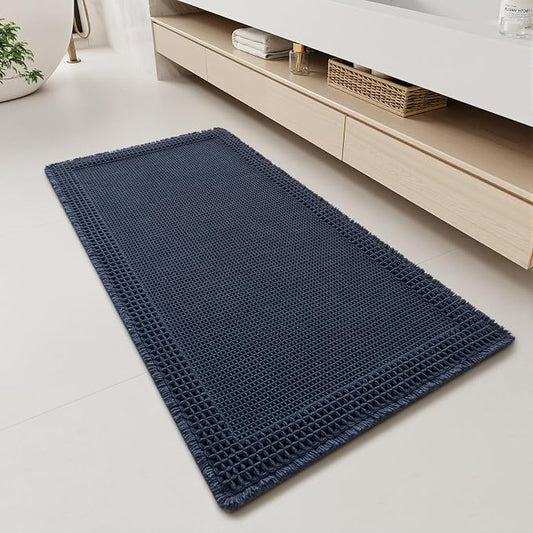 RESARE Waffle Bathroom Runner Rugs, Non Slip Boho Bath Mat 24"x48" Navy | Long Absorbent Bathroom Floor Mats Machine Washable Quick Dry, Soft Solid 2'x4' Bath Rugs with Tassels, Ideal Farmhouse Decor