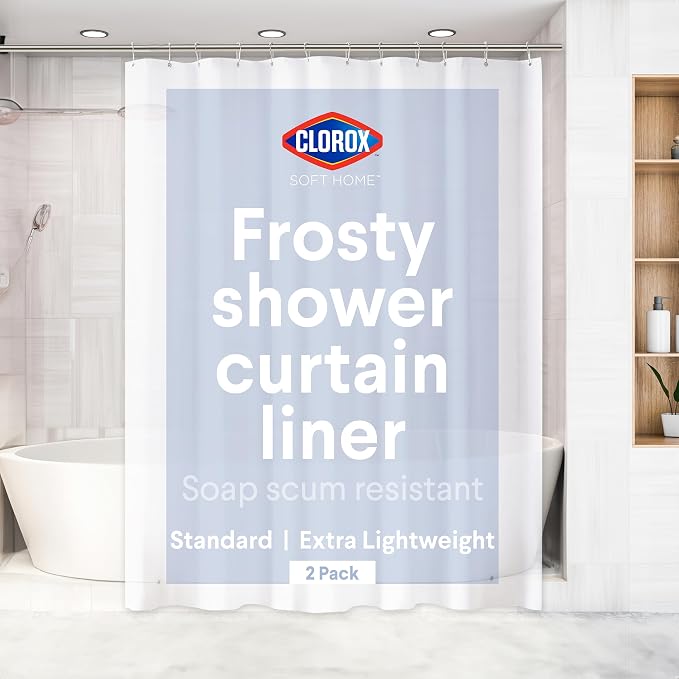 Clorox Shower Curtain Liner, Premium Lightweight Flexible Waterproof 3g PEVA for Bathroom with Weighted Magnets, Standard Size 70" x 72", Frosty 2 Pack