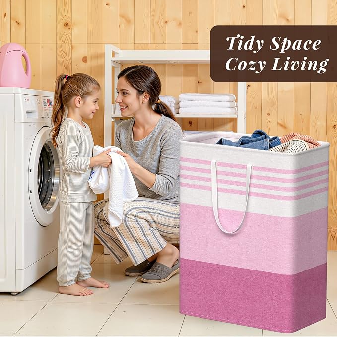 WOWBOX 2 Pack Laundry Baskets, Collapsible Dirty Clothes Laundry Hampers | with Reinforced Handles, Waterproof Coating, 2 Pack for Clean & Dirty Clothes, for Bedroom, Bathroom, Dorm (125L Pink)