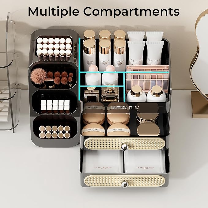 UFORU Makeup Organizer Countertop with Brush Holder for Vanity Bathroom | Large Capacity, Thickened Plastic, 2 Rattan Drawers, Compact Size, Detachable Brush Holder, Divided Compartments, Easy Access