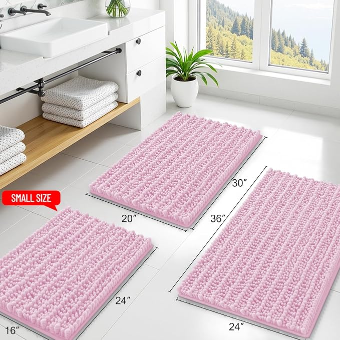 Smiry Bathroom Rugs 24X16, Extra Soft Rubber Backing Chenille Bath Mats | Pink Machine Washable Non Slip Quick Dry Bath Mats for Bathroom Floor, Tub, Shower, Home Decor Accessories