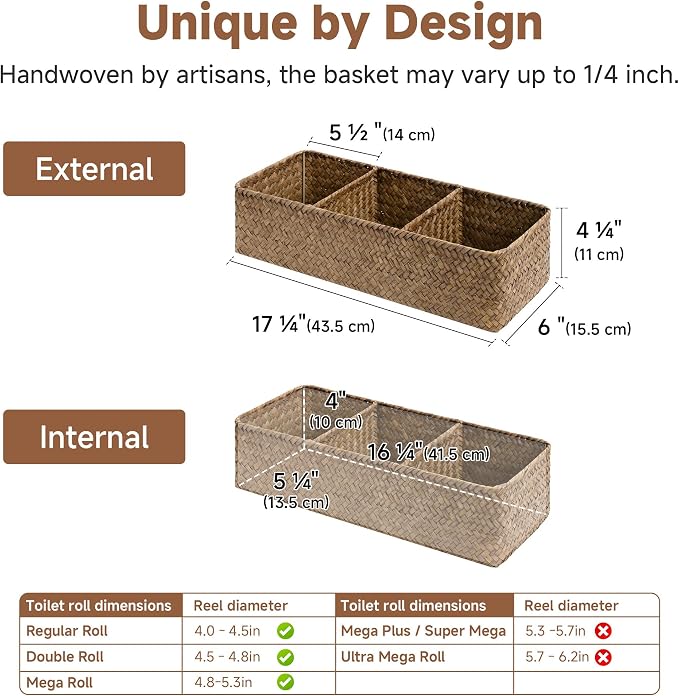 StorageWorks Toilet Paper Basket with Lid, Back of Toilet Baskets, Seagrass | Wicker Basket, Toilet Paper Storage for Back of Toilet Tank, Woven Baskets for Shelves, Wicker Baskets with 3 Compartments