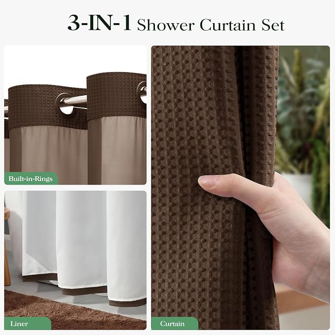 Brown Hook Free Waffle Shower Curtain & Snap-in Fabric Liner,72x75 | Less Time to install, 3 in 1 Fabric Shower Curtain and Liner Set with Magnets, Mesh Top Window, Shower Curtains for Bathroom