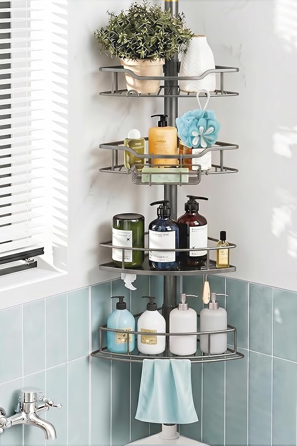 Corner Shower Caddy Tension Pole, 4 Tier Rustproof Shower Tension Rod Organizer, Adjustable 25-125 Inch Bathroom Shower Organizer Shelves for Bathtub Shampoo Storage, Grey