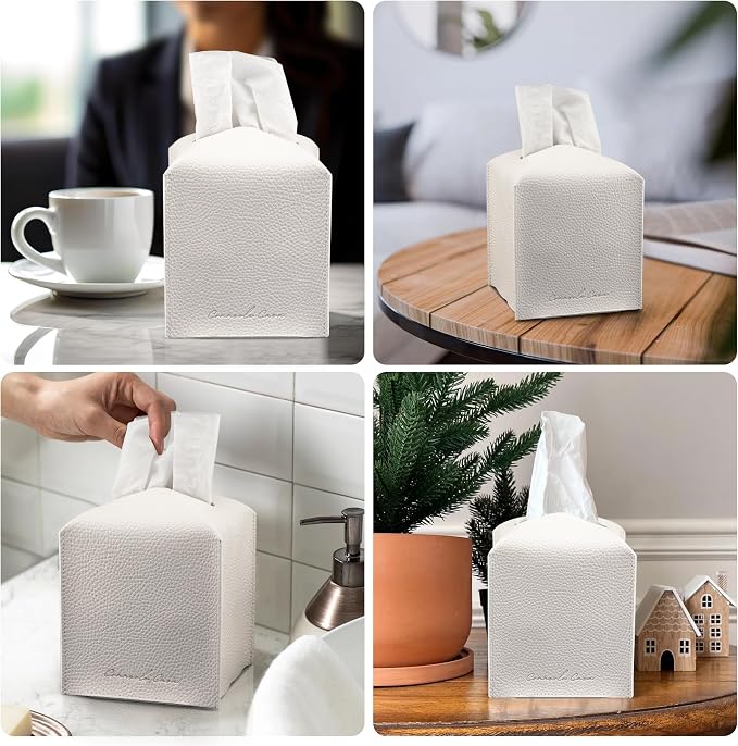 Premium PU Leather Tissue Box Holder - Elegant Hotel-Style Tissue Box Cover for Home, Office & Car Décor, Tissues Cube Organizer for a Natural & Classic Look (White 2 Pack)