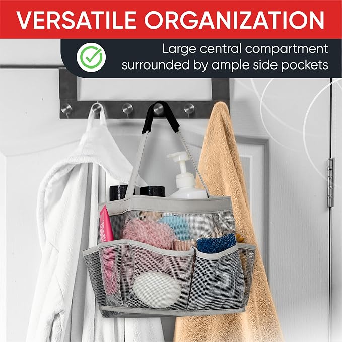 Masirs Mesh Shower Caddy – 9 Pocket Portable Shower Caddy Organizer for College Dorm, Travel, Gym, Bathroom – Quick Dry, Lightweight Tote Bag for Toiletries & Essentials, Gray