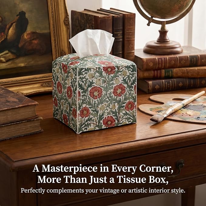Tissue Box Cover Holder Square - Vintage Boho PU Leather Decorative Organizer, Ethnic Carpet Pattern Design Inspired, with Bottom Belt for Bathroom Car Office Tabletop Home, 5x5 Inch (Beige&Blue)