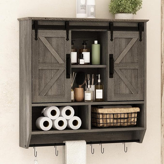 RUSTOWN Farmhouse Bathroom Wall Storage Cabinet with Sliding Barn Doors | 3-Tier, Rustic Wood Wall Mounted Cabinets, Vintage Medicine Cabinet, Adjustable Shelves, Over The Toilet Storage Cabinet