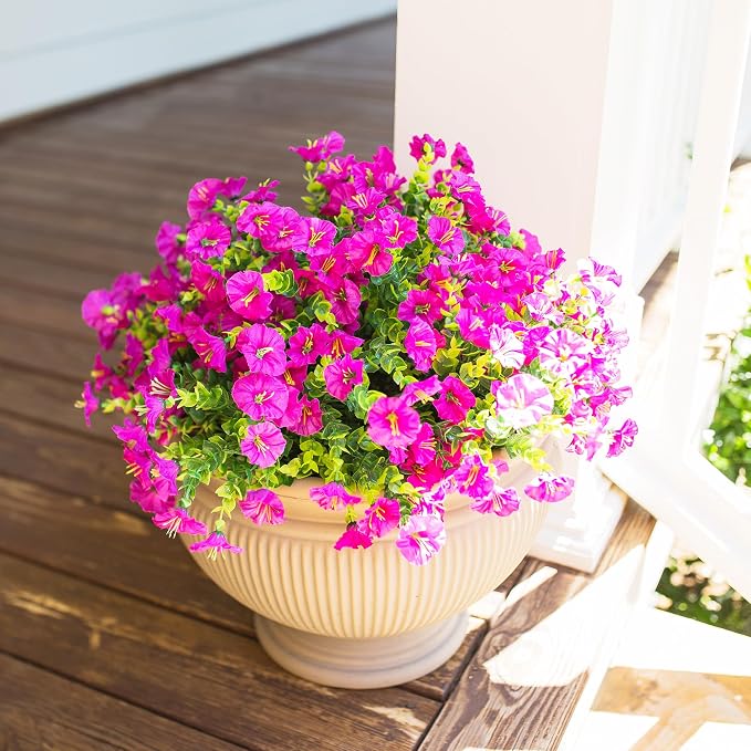 Artificial Flowers for Outdoors Fake Plants Outside Decoration, 12 Bundles Faux Fuchsia Morning Glory UV Resistant Look Real Silk Flowers for Outside Planter Front Door Porch Patio Yard Urn