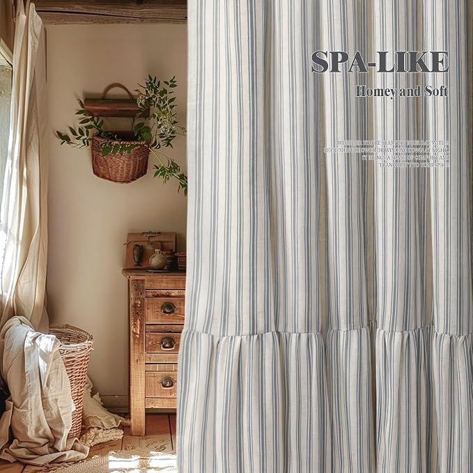 Farmhouse Shower Curtain Ruffle Linen Cream-Grey Stripe 72"W x 96"L | Farmhouse Boho, Striped, Bottom Ruffle, Linen Fabric, Rustic, Country, Natural Look, Washable, for Bathroom Bathtub