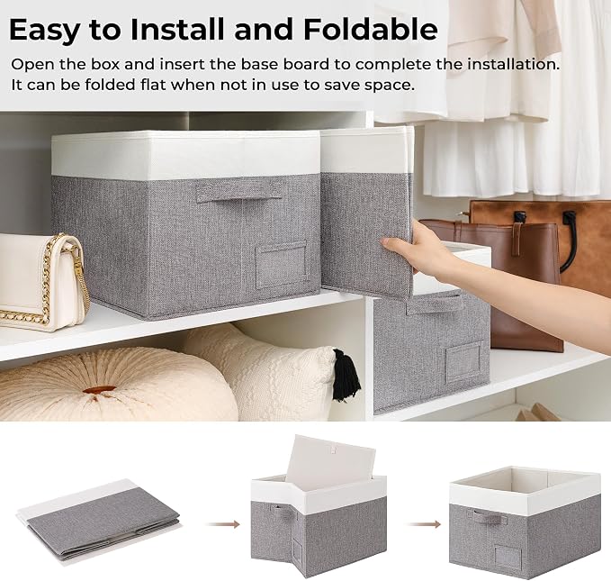 GRANNY SAYS Closet Storage Bins with Label, Gray&White, Large, 3-Pack | Fabric Storage Bins for Clothes, Closet Organization Bins, Collapsible Storage Bins with Handles, Decorative Storage Box